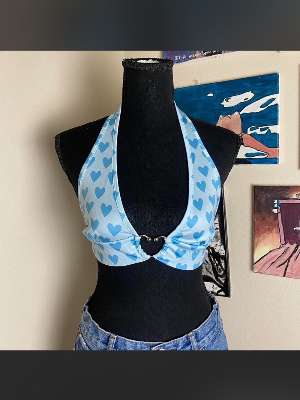Blue Hearts halter top crop tank